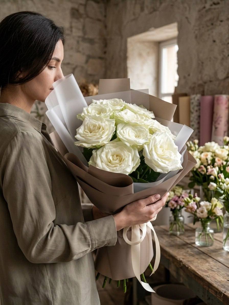 Моно-букет из белых роз